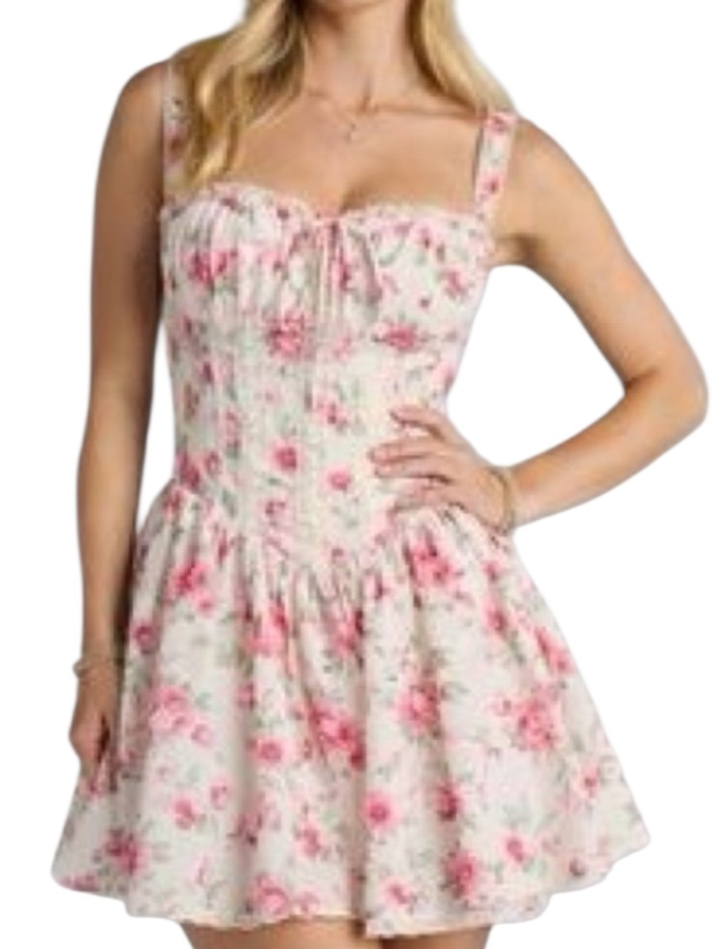 Floral Pink Print Milkmaid Sundress with Sweetheart Neckline
